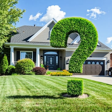 large question mark hedge in front yard of family home
