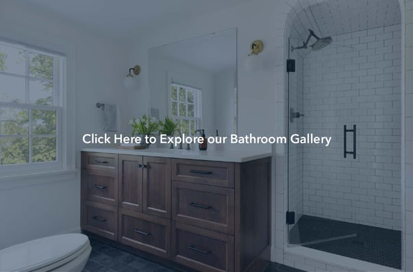 Image of traditional bathroom with white brink shower and deep brown vanity