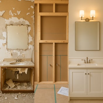 Image split equally in three sections depicting process of bathroom remodel over time