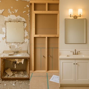 Image split equally in three sections depicting process of bathroom remodel over time