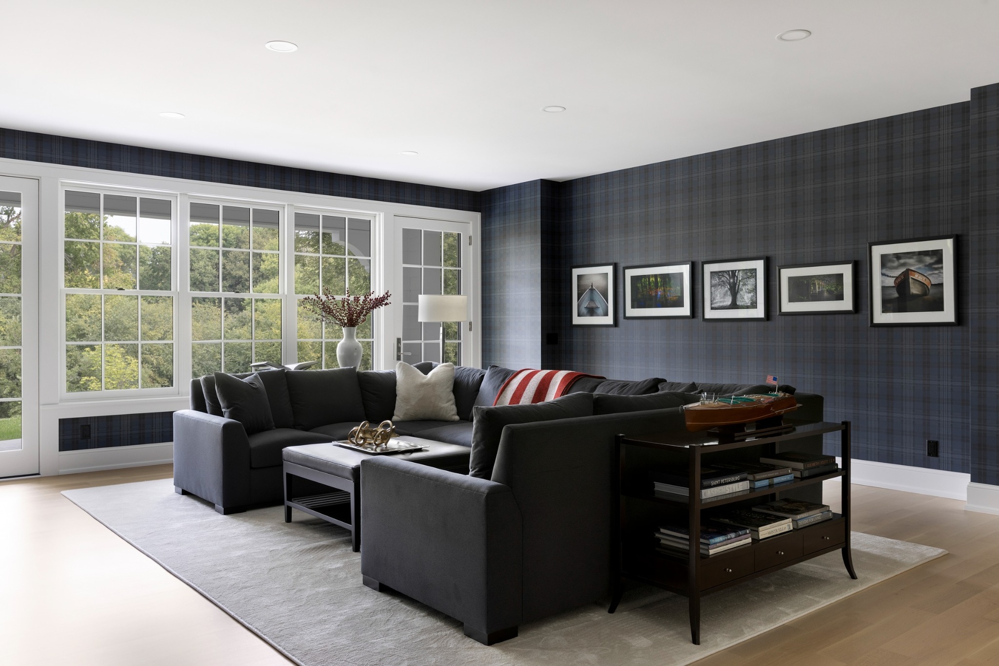 custom home family room with sectional and large windows in wayzata mn