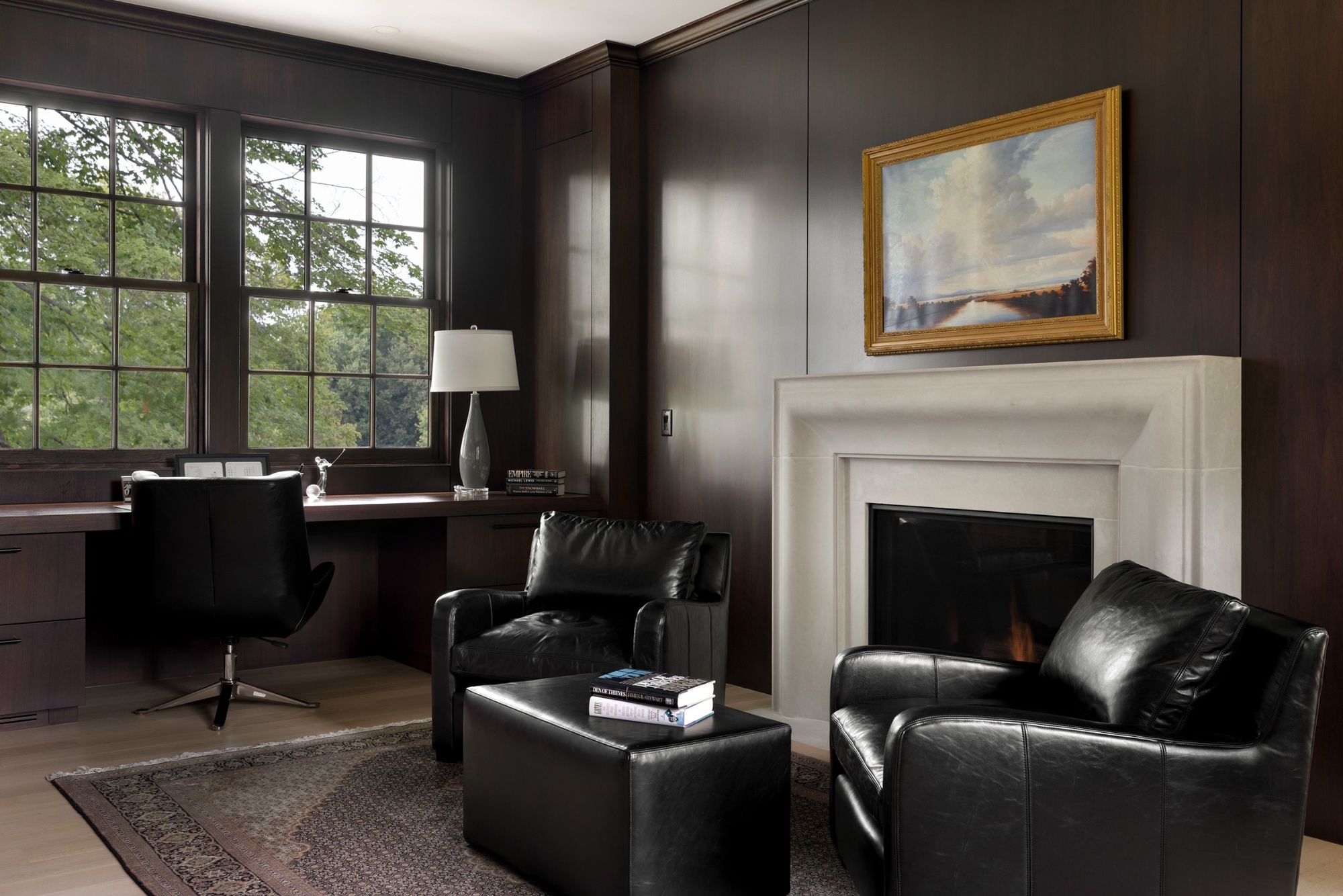 custom home study with fireplace leather chairs and built in desk in wayzata mn