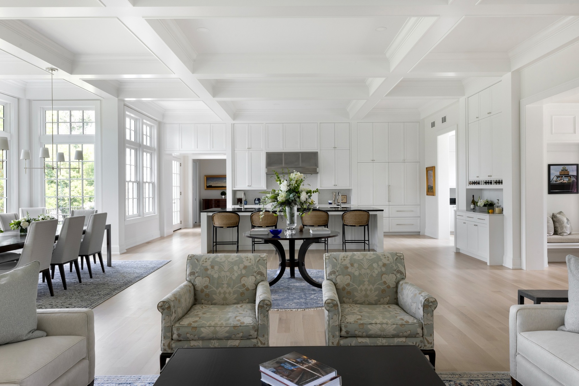 wayzata mn custom home open concept living dining and kitchen with coffered ceiling