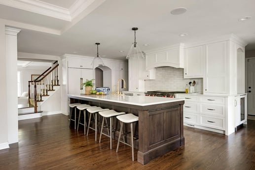 Detailed view of kitchen island with gold fixtures, remodeled by MA Peterson in Twin Cities