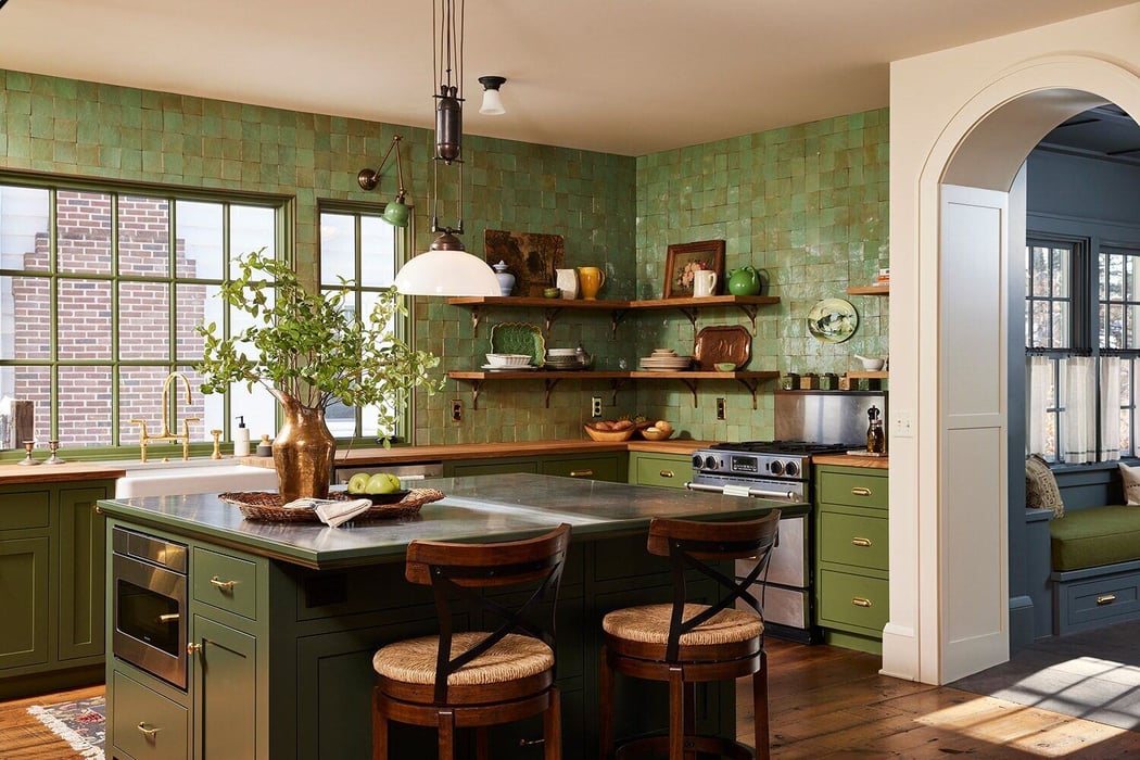 MA Petersons Twin Cities vintage kitchen remodel featuring green cabinetry and rustic open shelves