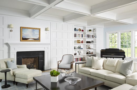 Bright living room with built-in shelves and fireplace in Coastal Chic on the Lake home by MA Peterson, Twin Cities