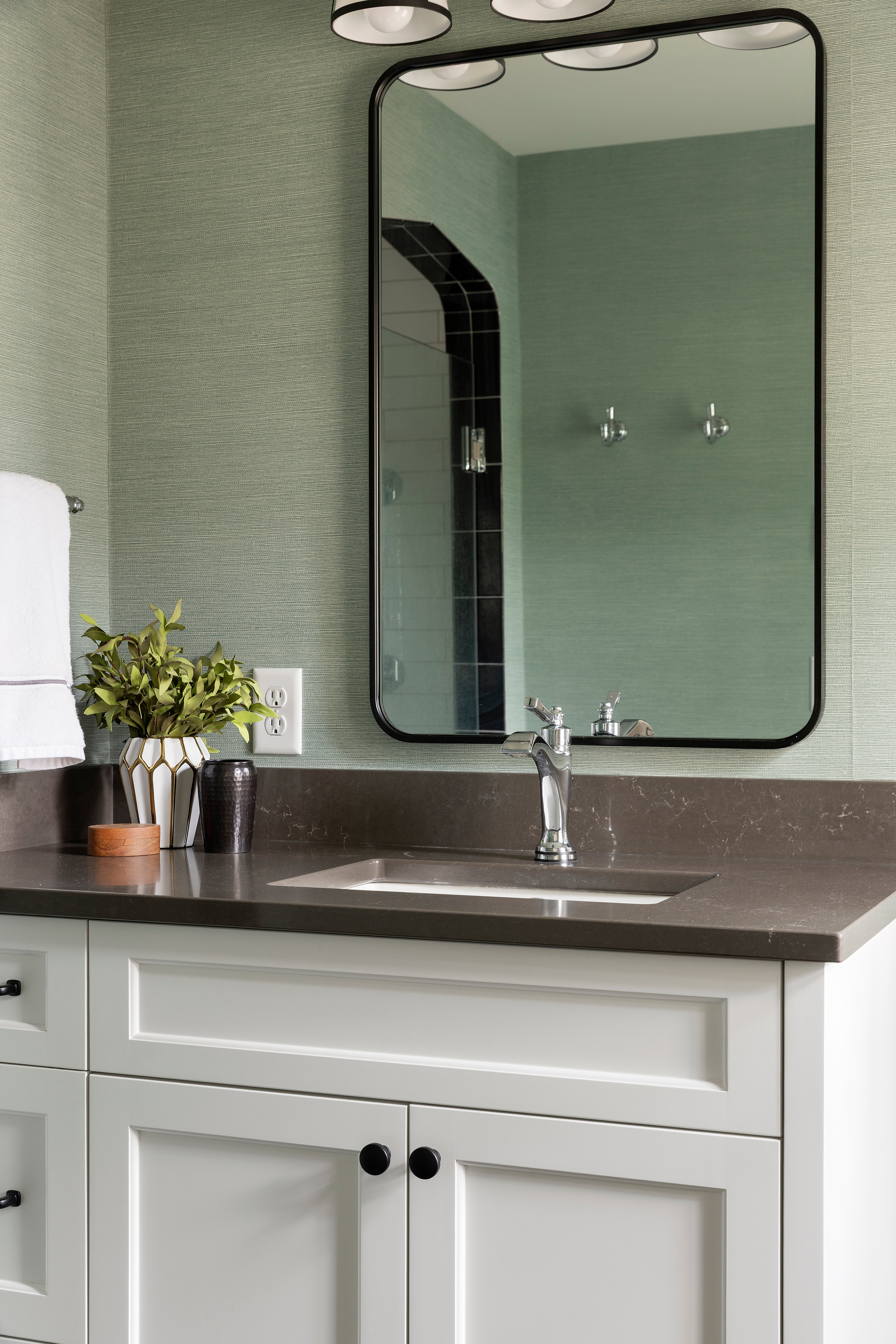 Bathroom featuring a custom vanity and calming, neutral color palette