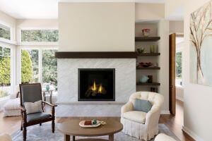 marble fireplace with dark brown wooden shelving