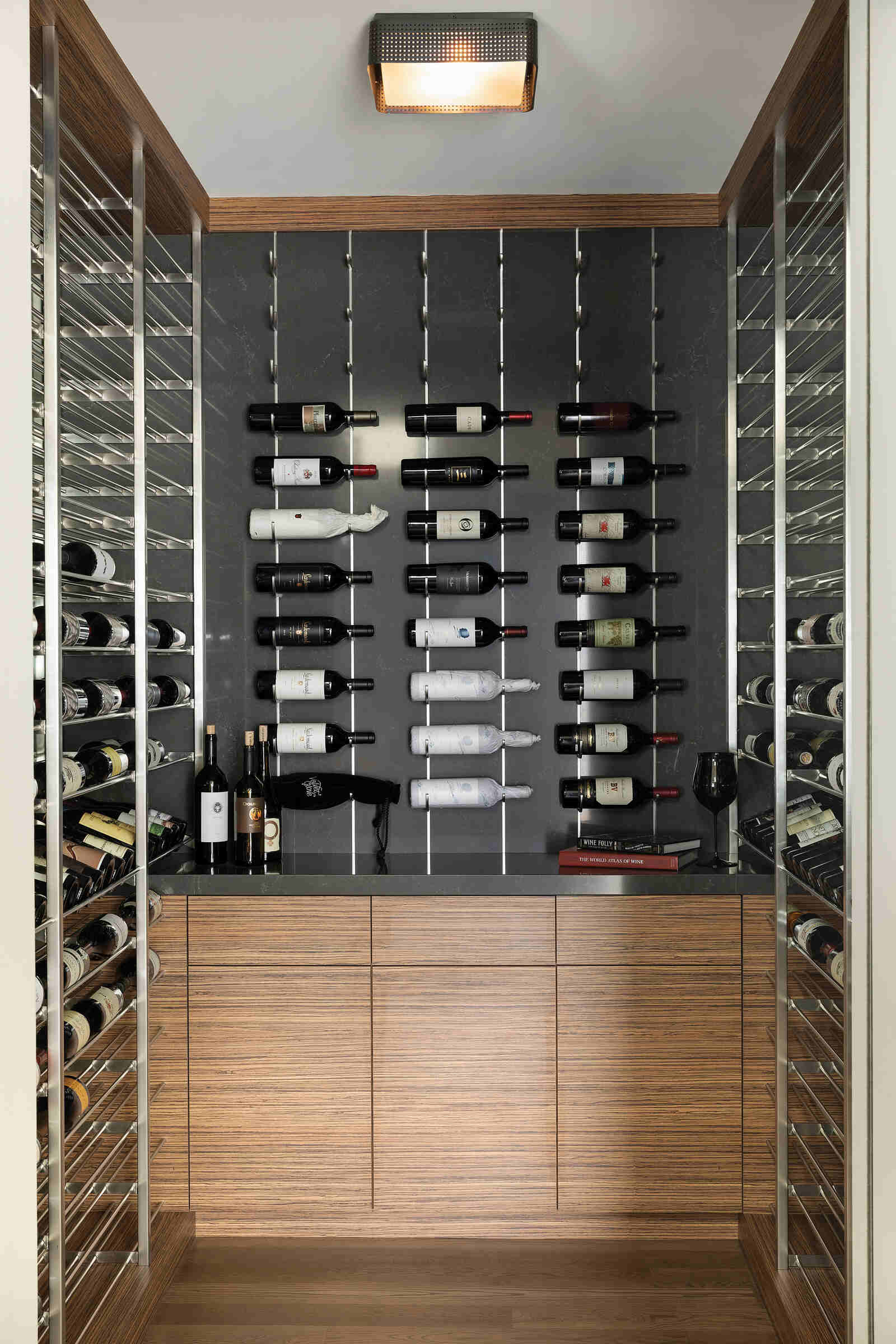 Contemporary wine storage area featuring organized wine bottles, MA Peterson, Twin City